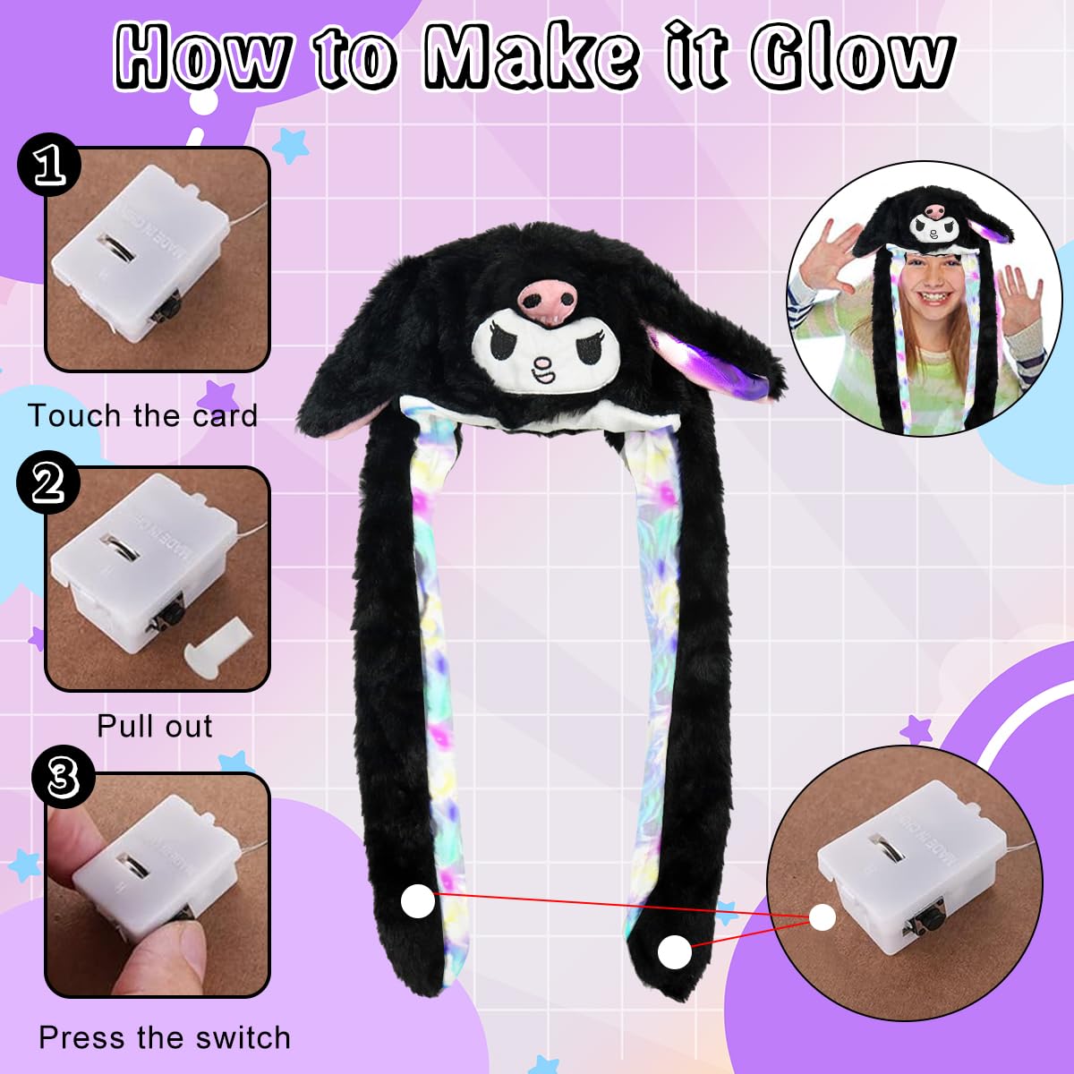 PATPAT Kawaii Winter Hat for Girls Sanrio Cartoon Kuromi Plush Winter Hat Plush Fun Moving Ear Kuromi Hat Christmas Gift for Girls PATPAT Kawaii Winter Hat for Girls Sanrio Cartoon Kuromi Plush Winter Hat Plush Fun Moving Ear Kuromi Hat Christmas Gift for Girls